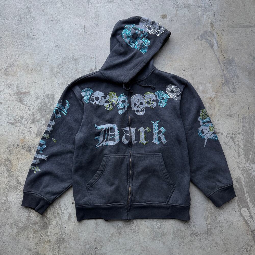 Vintage Y2K style Rhinestone Skull DARK Zip Up Hoodie Gothic Streetwear Large